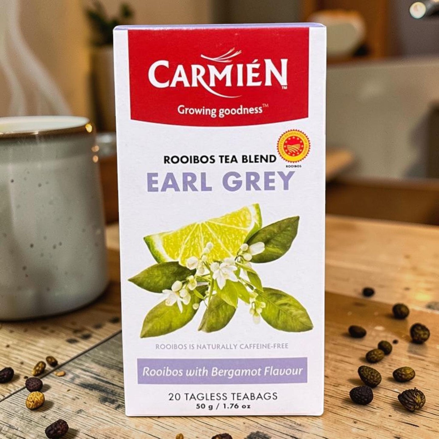 Die Spens Clarens Earl Grey Rooibos Tea Blend box with 20 tagless teabags, featuring bergamot flavour and citrus imagery.