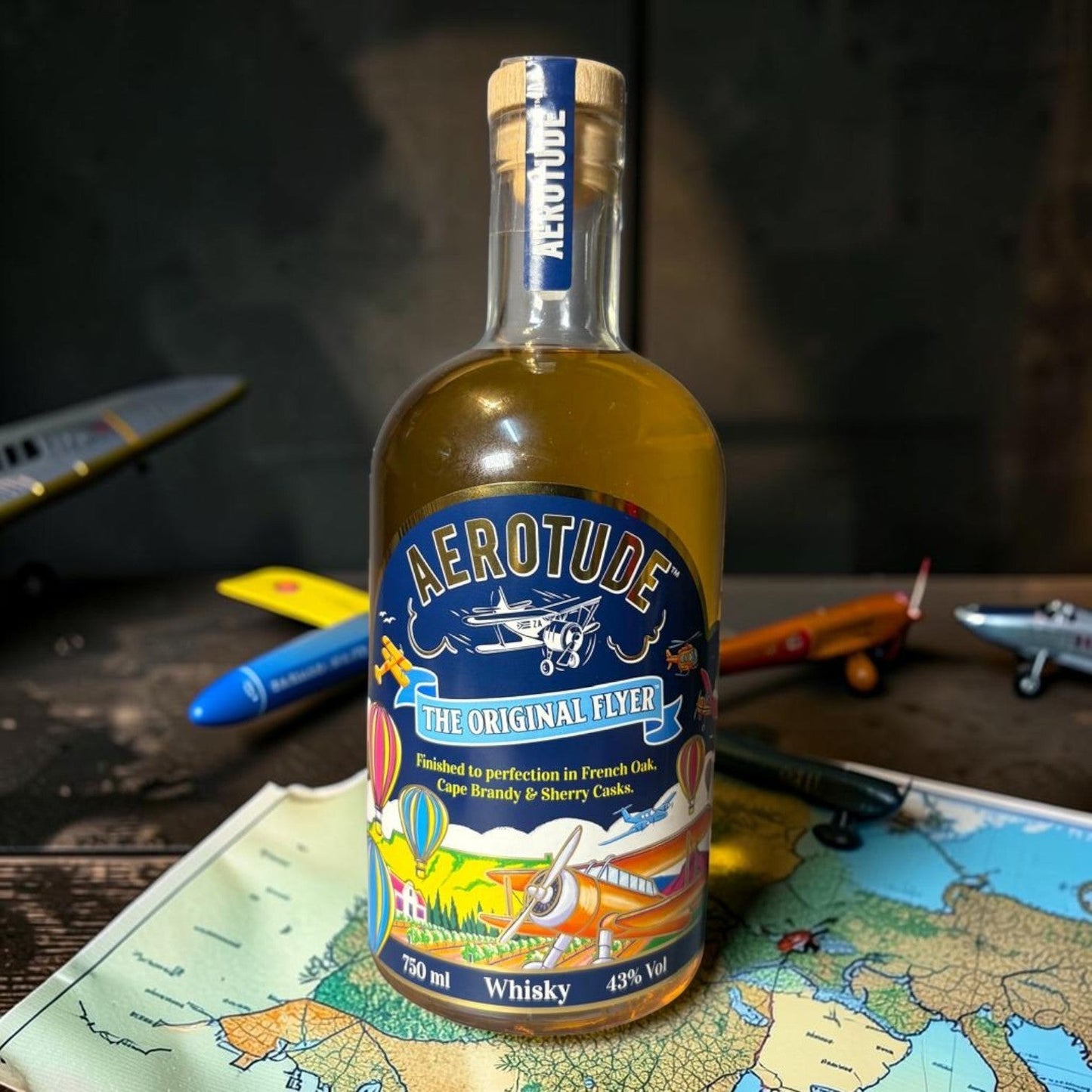 Die Spens Clarens Aerotude The Original Flyer whisky, 750ml, 43% Vol, finished in French Oak, Cape Brandy & Sherry Casks.