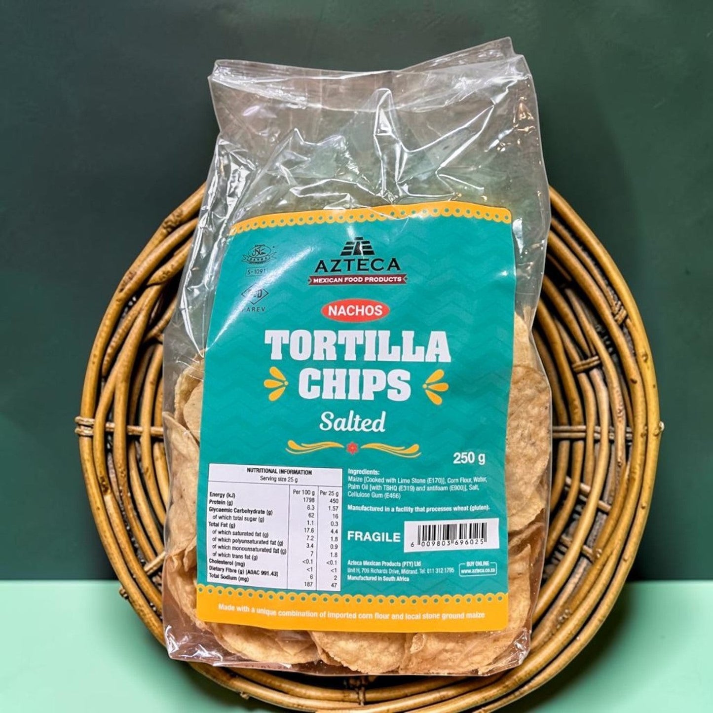 Die Spens Clarens Azteca Nachos Tortilla Chips Salted, 250g bag of golden corn tortilla chips with a teal and yellow label.