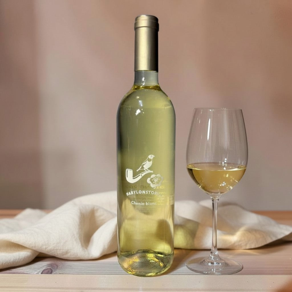 Die Spens Clarens bottle of Babylonstoren Chenin Blanc white wine with a glass of wine.