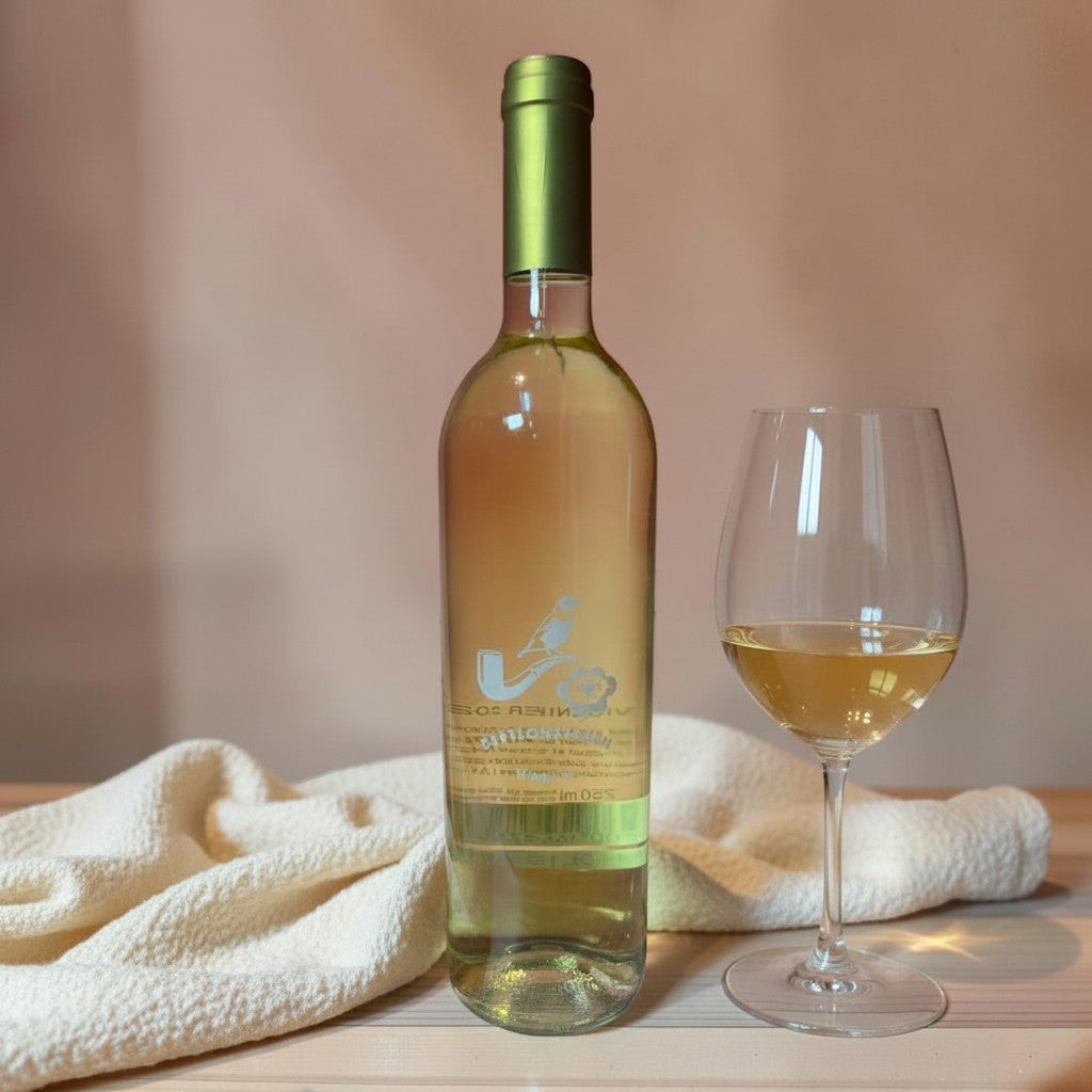 Die Spens Clarens Babylonstoren Viognier white wine bottle and glass with apricot and peach notes.