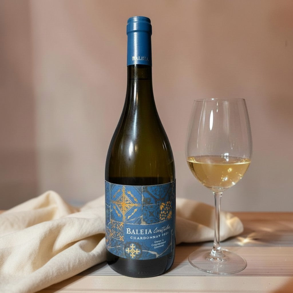 Die Spens Clarens Baleia Chardonnay Limitados 2022 white wine bottle and glass with pale gold hue.