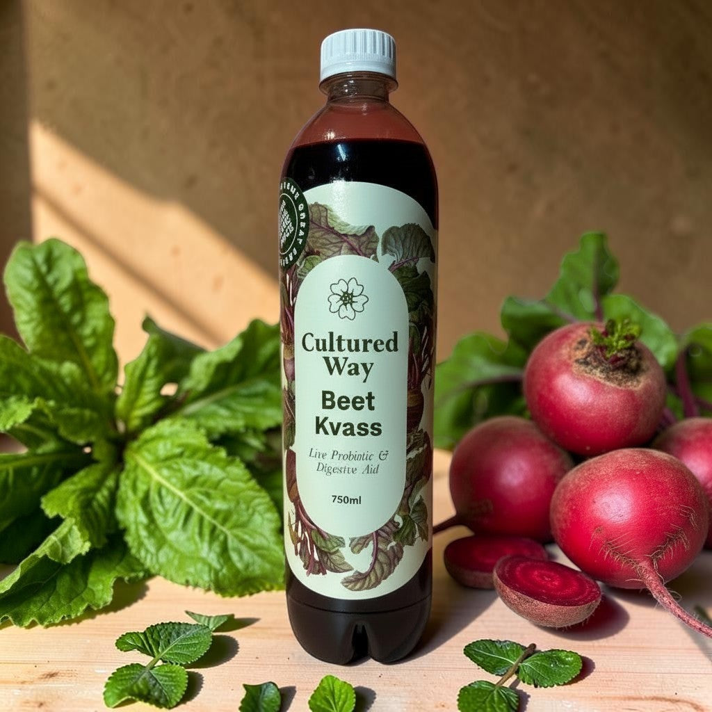 Die Spens Clarens Cultured Way Beet Kvass live probiotic and digestive aid in a 750ml bottle, surrounded by fresh beets and greens.