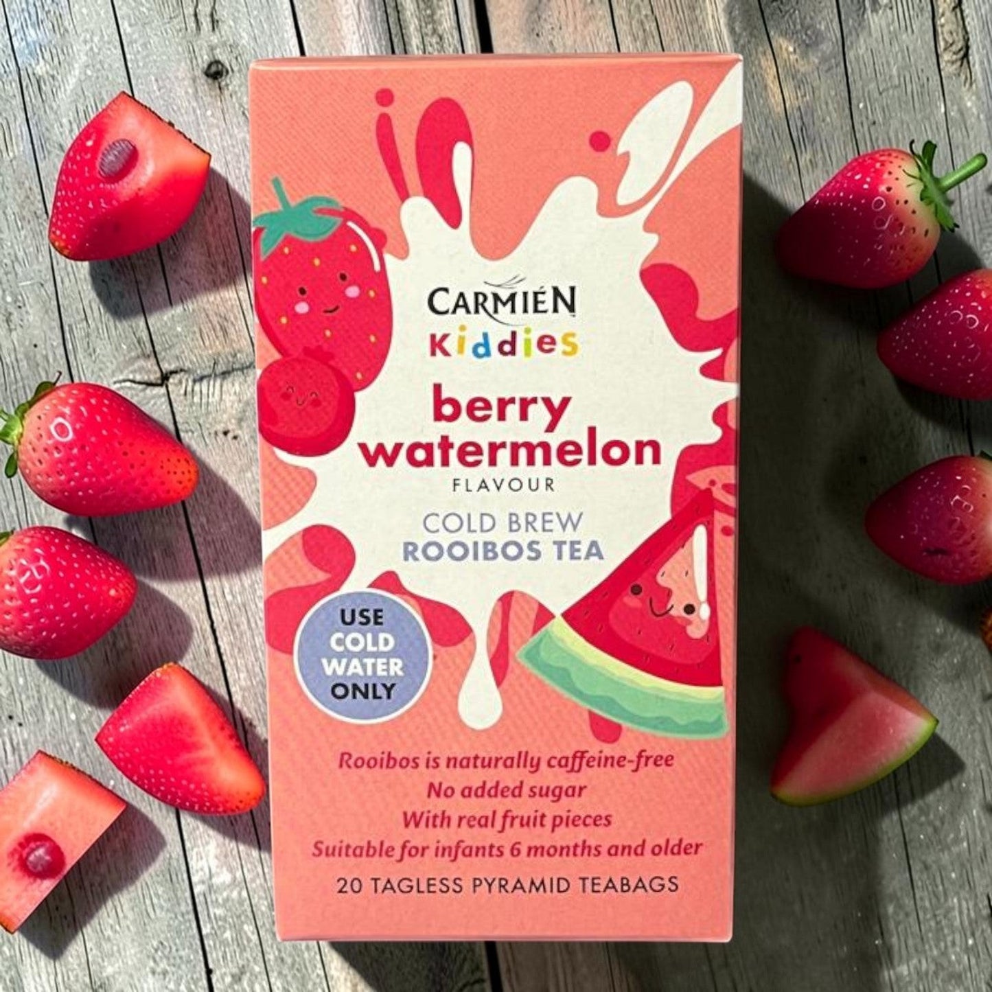 Die Spens Clarens Carmien Kiddies Berry Watermelon cold brew rooibos tea box with real fruit pieces, no added sugar, caffeine-free.