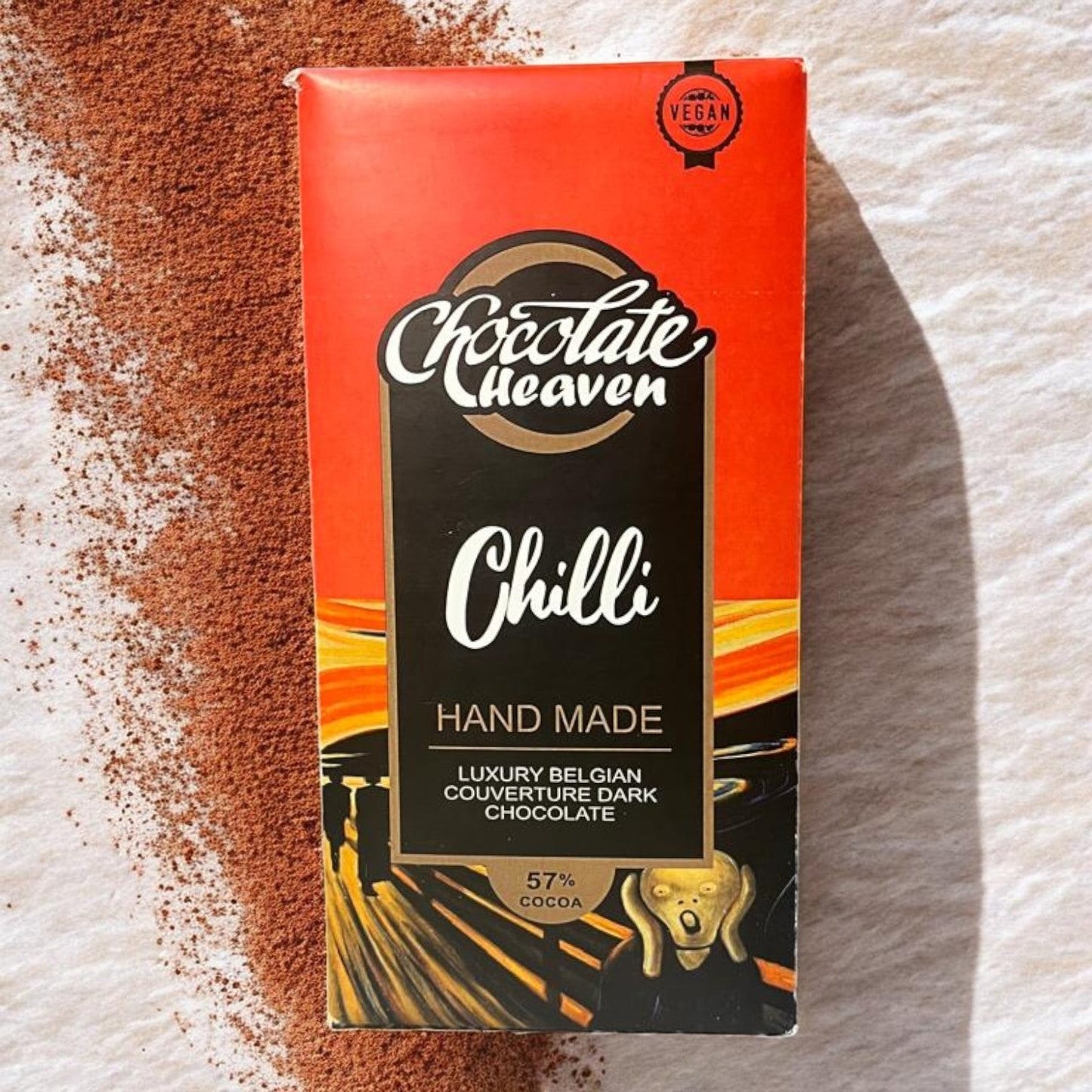 Die Spens Clarens Chocolate Heaven Chilli 57% Cocoa bar, hand-made luxury Belgian dark chocolate with a chilli kick. Vegan.
