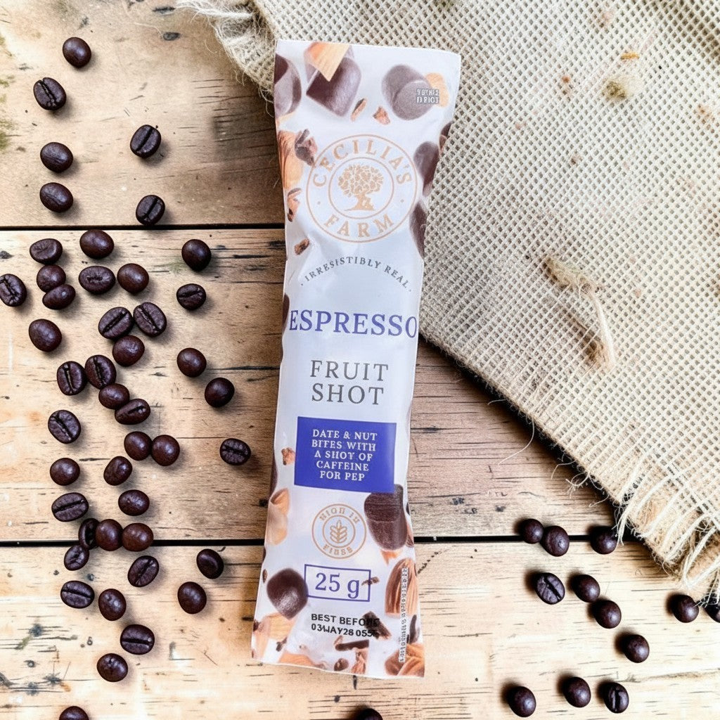 Die Spens Clarens Espresso Fruit Shot, a 25g date and nut bite with caffeine for energy, high in fibre.