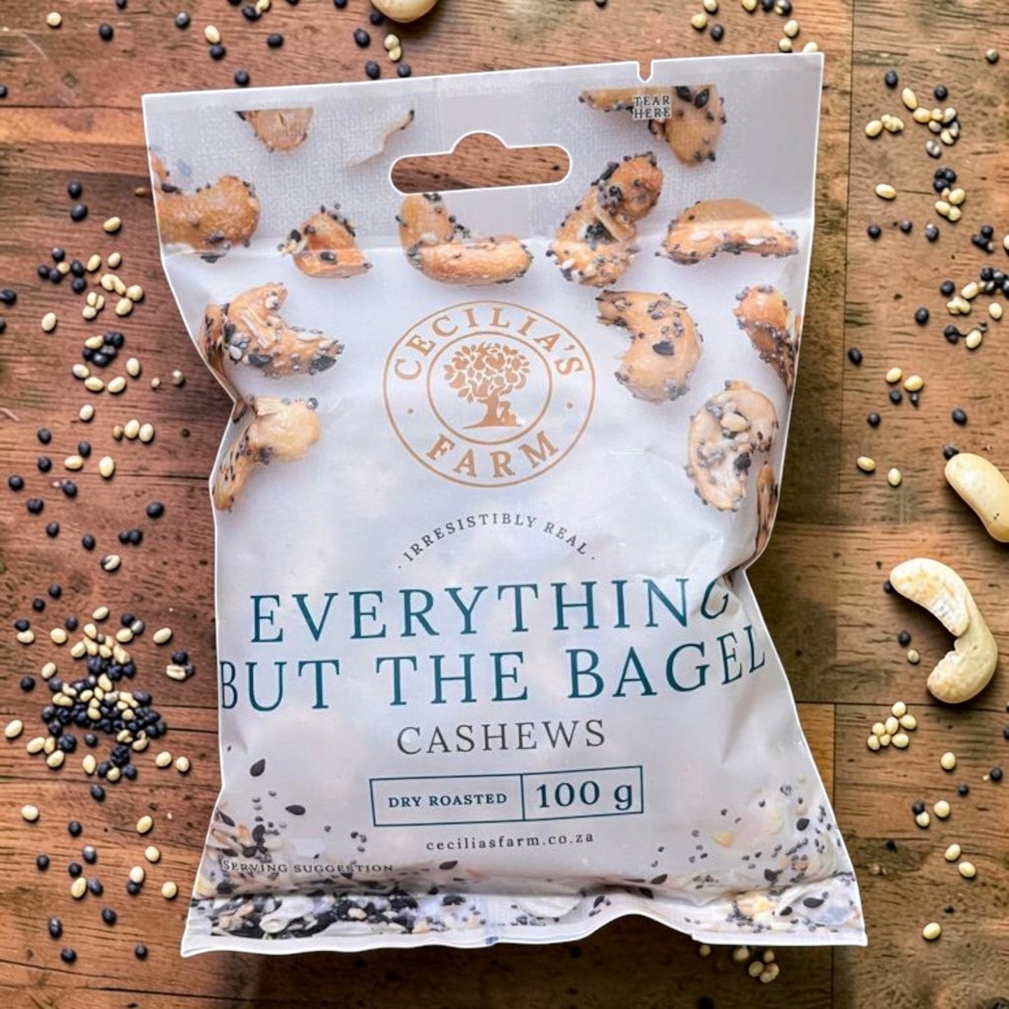 Die Spens Clarens Everything But The Bagel Cashews, dry roasted with sesame and poppy seeds, garlic, and onion.