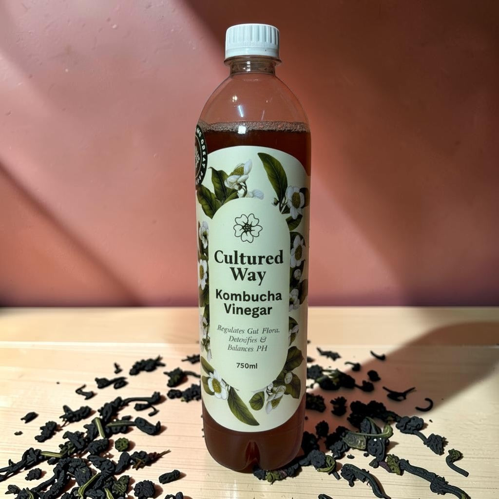 Die Spens Clarens Cultured Way Kombucha Vinegar 750ml bottle with floral label, promoting gut health and pH balance.