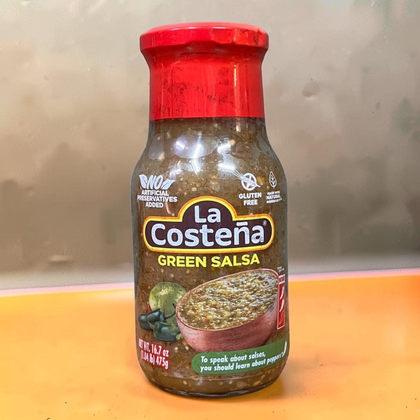 Die Spens Clarens La Costena Green Salsa in a glass bottle with a red lid. Gluten-free, no artificial preservatives.