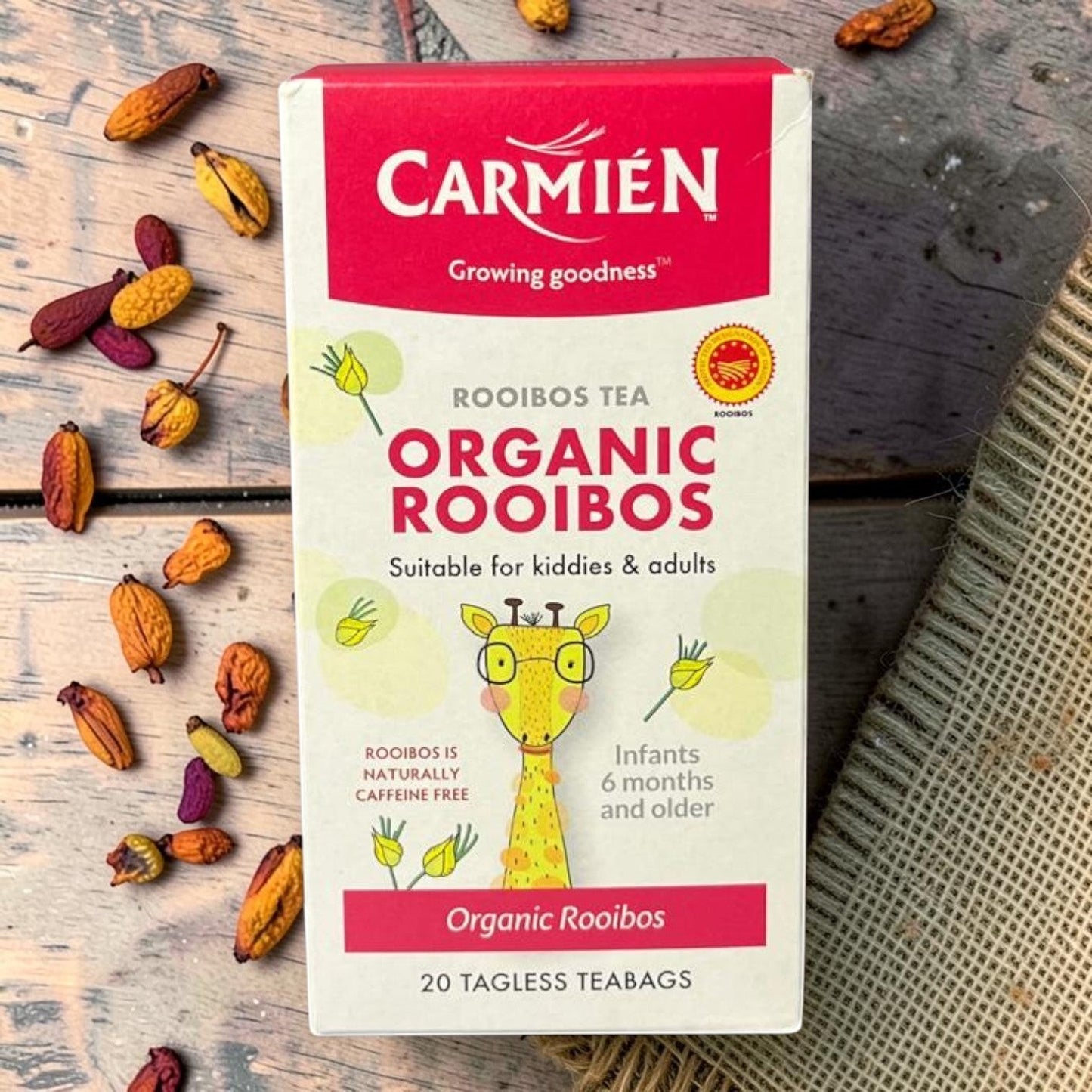 Die Spens Clarens Carmien Organic Rooibos Tea box, suitable for kiddies & adults, 20 tagless teabags. Features a giraffe illustration.