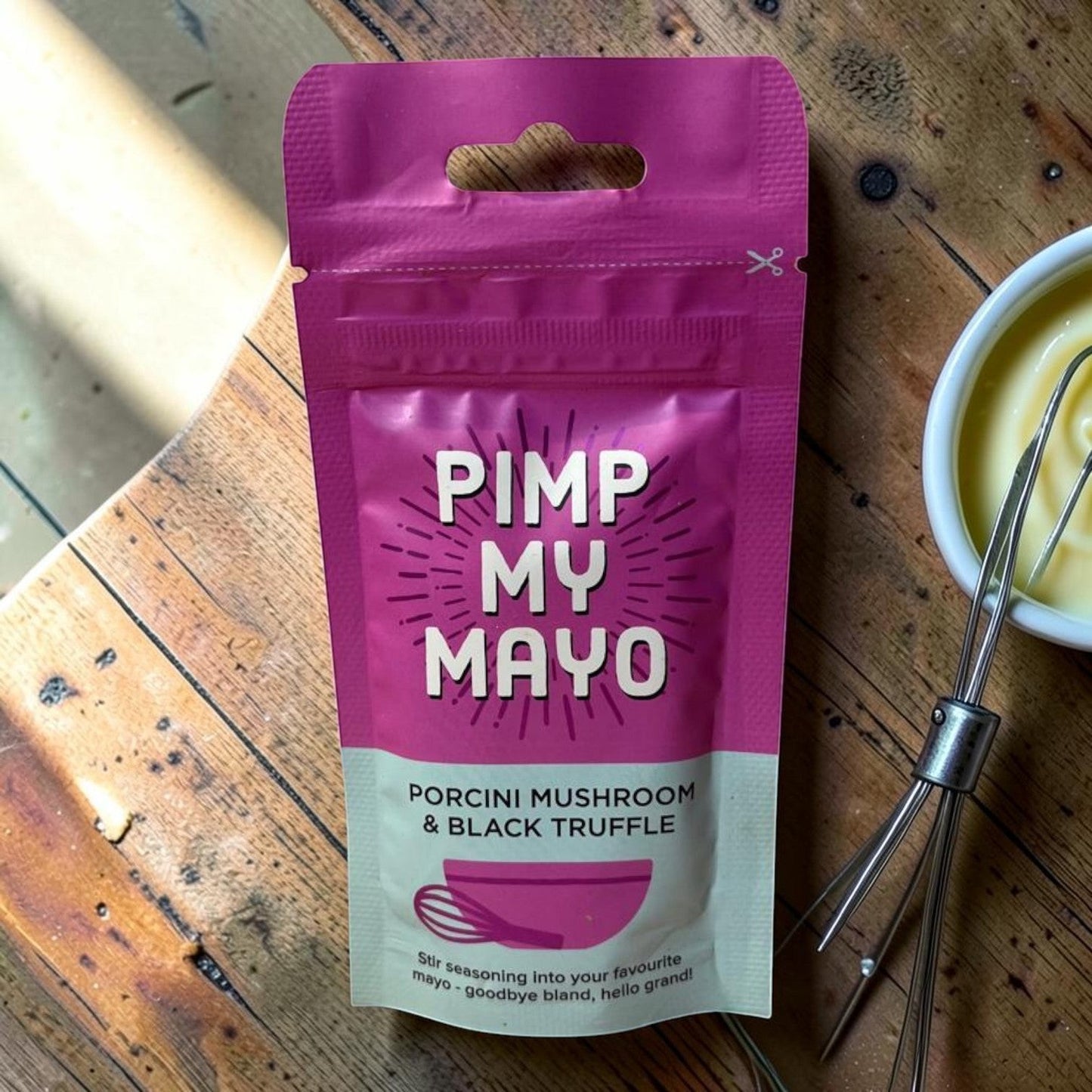 Die Spens Clarens Pimp My Mayo Porcini Mushroom & Black Truffle seasoning pouch. Adds gourmet flavour to mayonnaise.