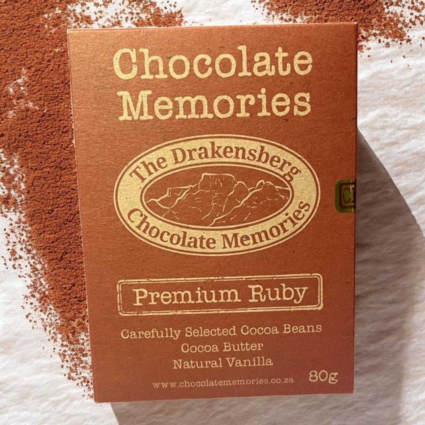Die Spens Clarens Drakensberg Chocolate Memories Premium Ruby bar, 80g, made with cocoa beans, cocoa butter, and natural vanilla.