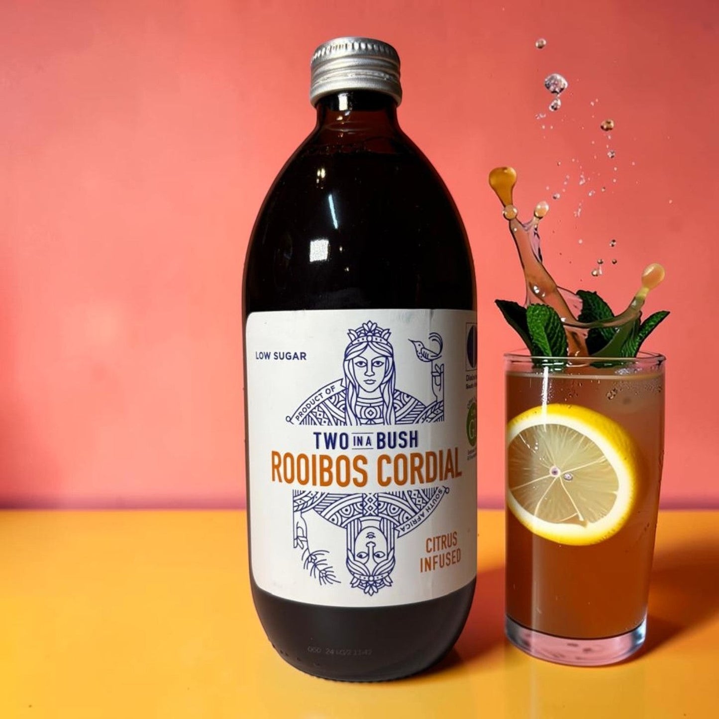 Die Spens Clarens Two In A Bush low sugar citrus infused rooibos cordial bottle next to a glass with a refreshing drink, lemon slice, and mint.