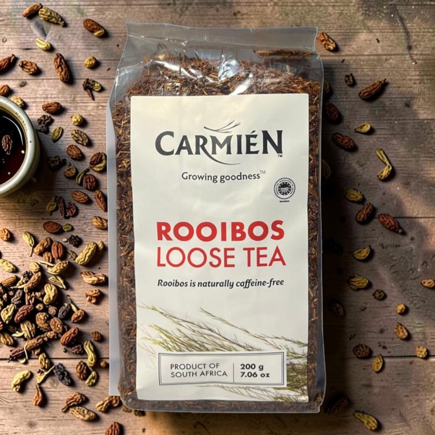 Die Spens Clarens Carmien Rooibos Loose Tea, caffeine-free herbal infusion from South Africa, 200g bag.