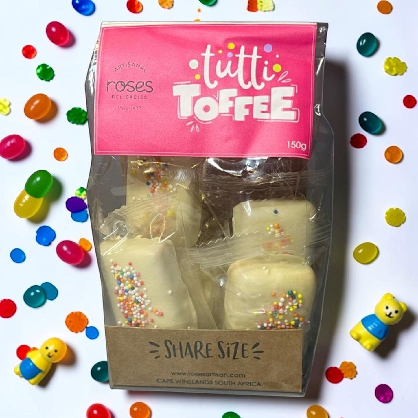 Die Spens Clarens Tutti Toffee: white chocolate coated toffees with colourful confetti sprinkles, 150g pack.