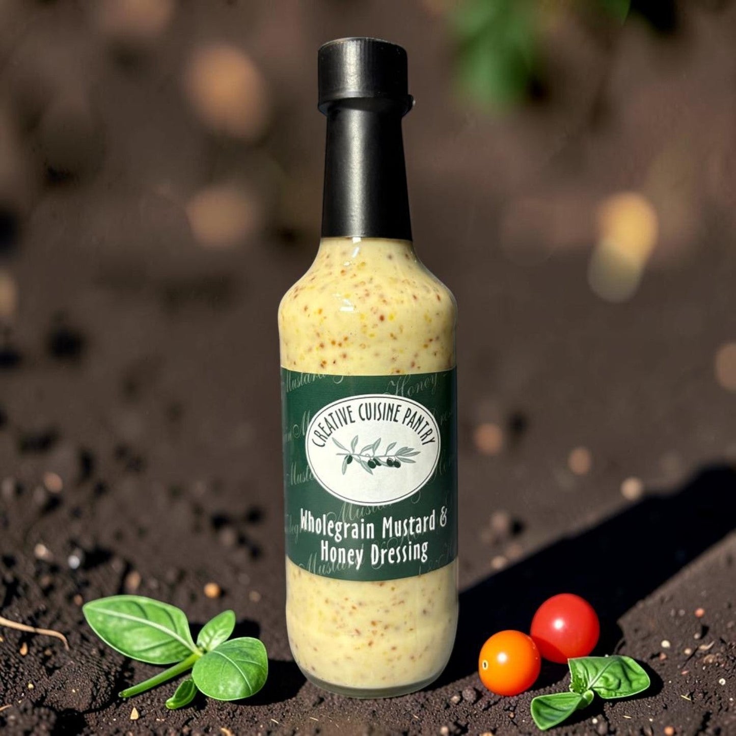 Die Spens Clarens Wholegrain Mustard & Honey Dressing in a glass bottle with a black cap, featuring whole mustard seeds.