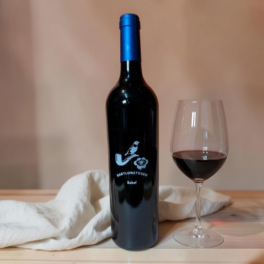 Die Spens Clarens bottle of Babylonstoren Babel Red Wine with a glass of red wine. Deep ruby hue.
