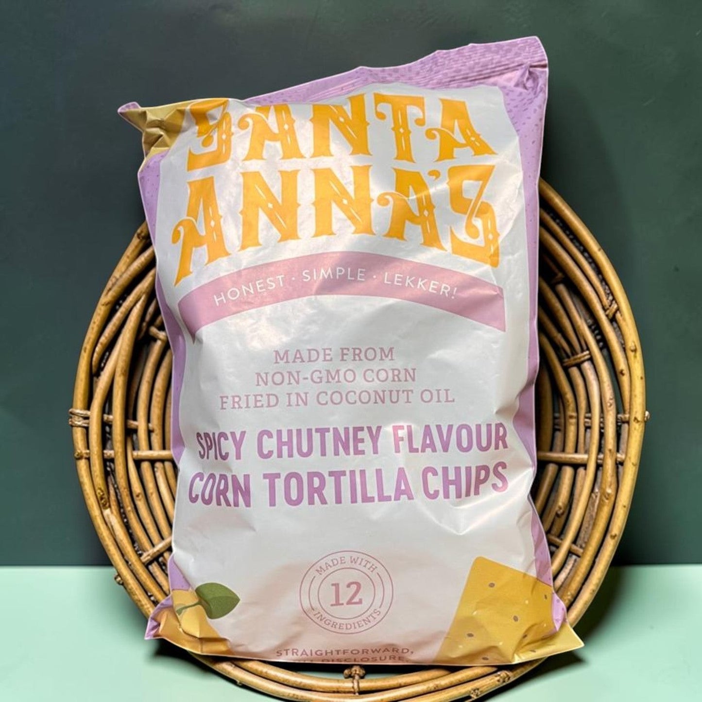 Die Spens Clarens Santa Annas Spicy Chutney Corn Tortilla Chips bag, made from non-GMO corn and fried in coconut oil.