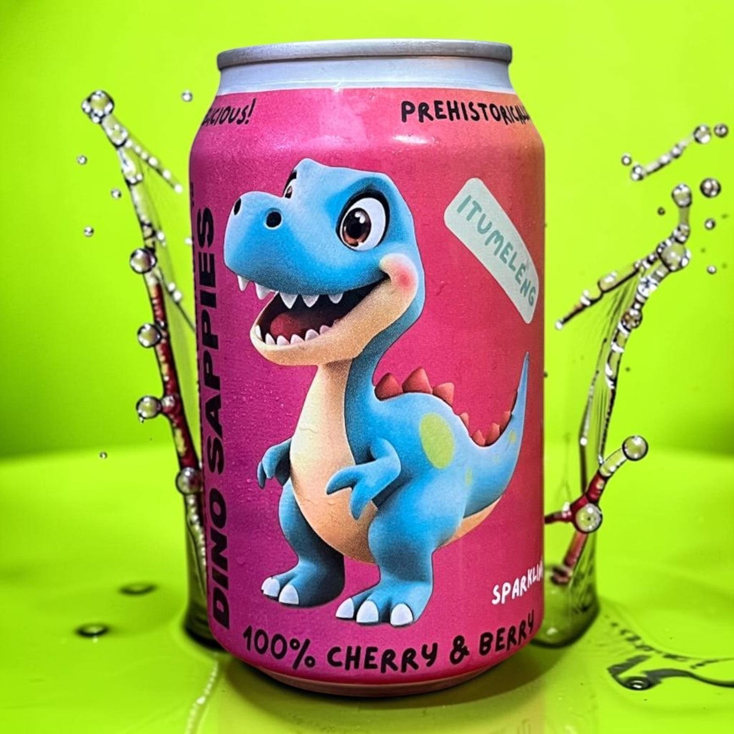 Die Spens Clarens Dino Drinks Cherry Berry sparkling beverage can with a cartoon blue dinosaur.