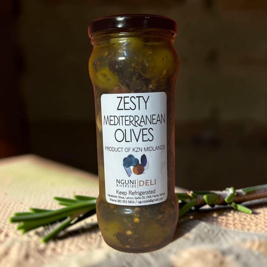 Die Spens Clarens Zesty Mediterranean Olives jar with lemon, garlic, chili, herbs, and spices.