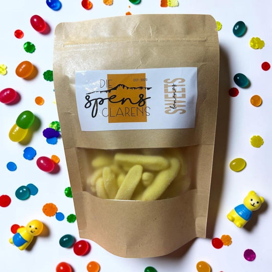 Die Spens Clarens yellow banana gummy candies in a resealable bag, coated in sugar.