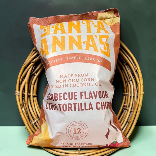 Die Spens Clarens Santa Annas Barbecue Corn Tortilla Chips bag, made from non-GMO corn and fried in coconut oil.