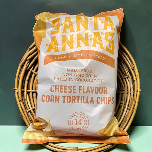 Die Spens Clarens Santa Annas Cheese Flavour Corn Tortilla Chips bag, made from non-GMO corn and fried in coconut oil.