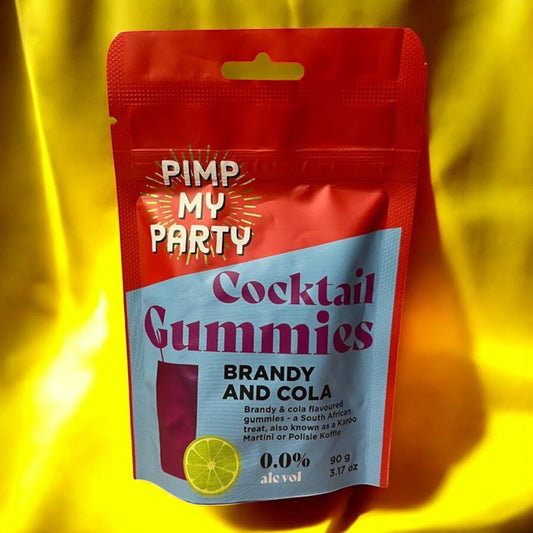 Die Spens Clarens Pimp My Party Cocktail Gummies in Brandy and Cola flavour, 0.0% alcohol, 90g pack.