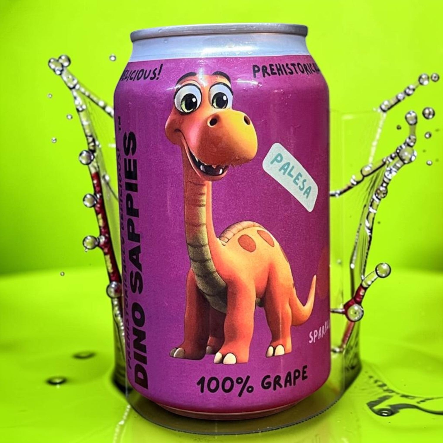 Die Spens Clarens Dino Sappies Grape sparkling drink can with a cartoon dinosaur and water splashes.