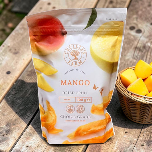 Die Spens Clarens Cecilias Farm dried mango slices, 100g pouch, choice grade, vegan and plant-based.