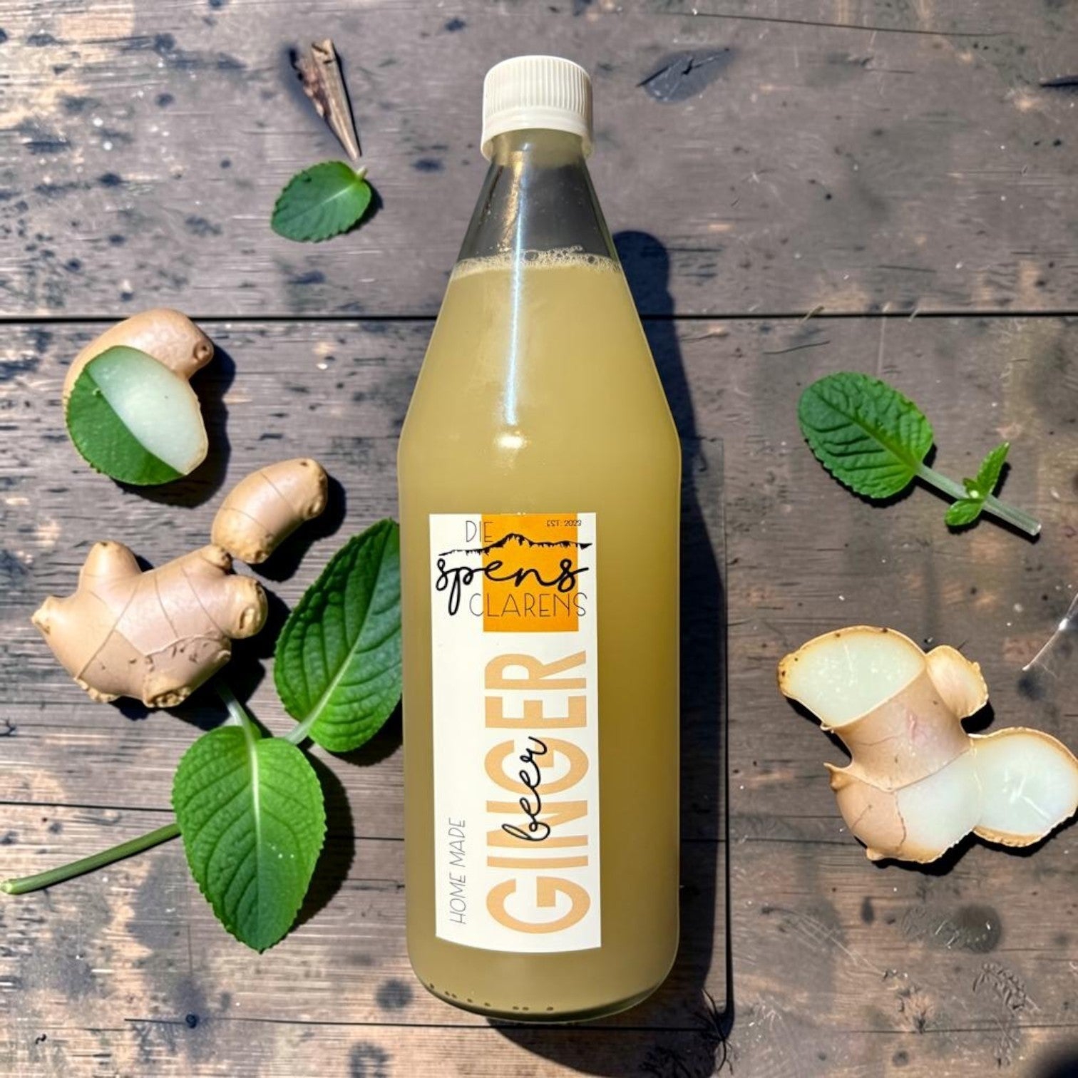 Die Spens Clarens homemade ginger beer in a glass bottle, surrounded by fresh ginger and mint leaves on a wooden surface.