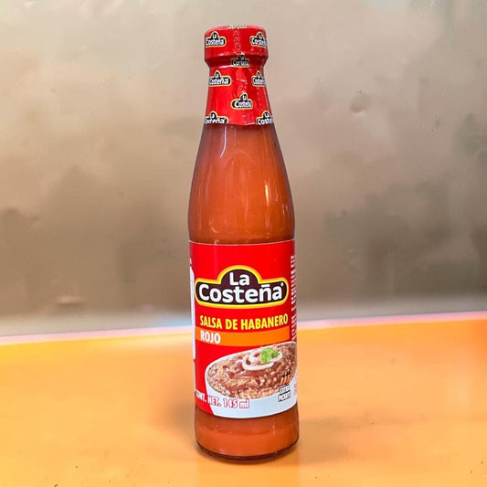 Die Spens Clarens La Costena Salsa de Habanero Rojo, a vibrant red habanero hot sauce in a glass bottle with a red label.
