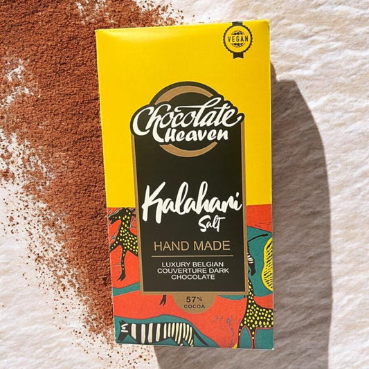 Die Spens Clarens Kalahari Salt 54% Cocoa vegan dark chocolate bar with Belgian couverture. Hand-made luxury treat.