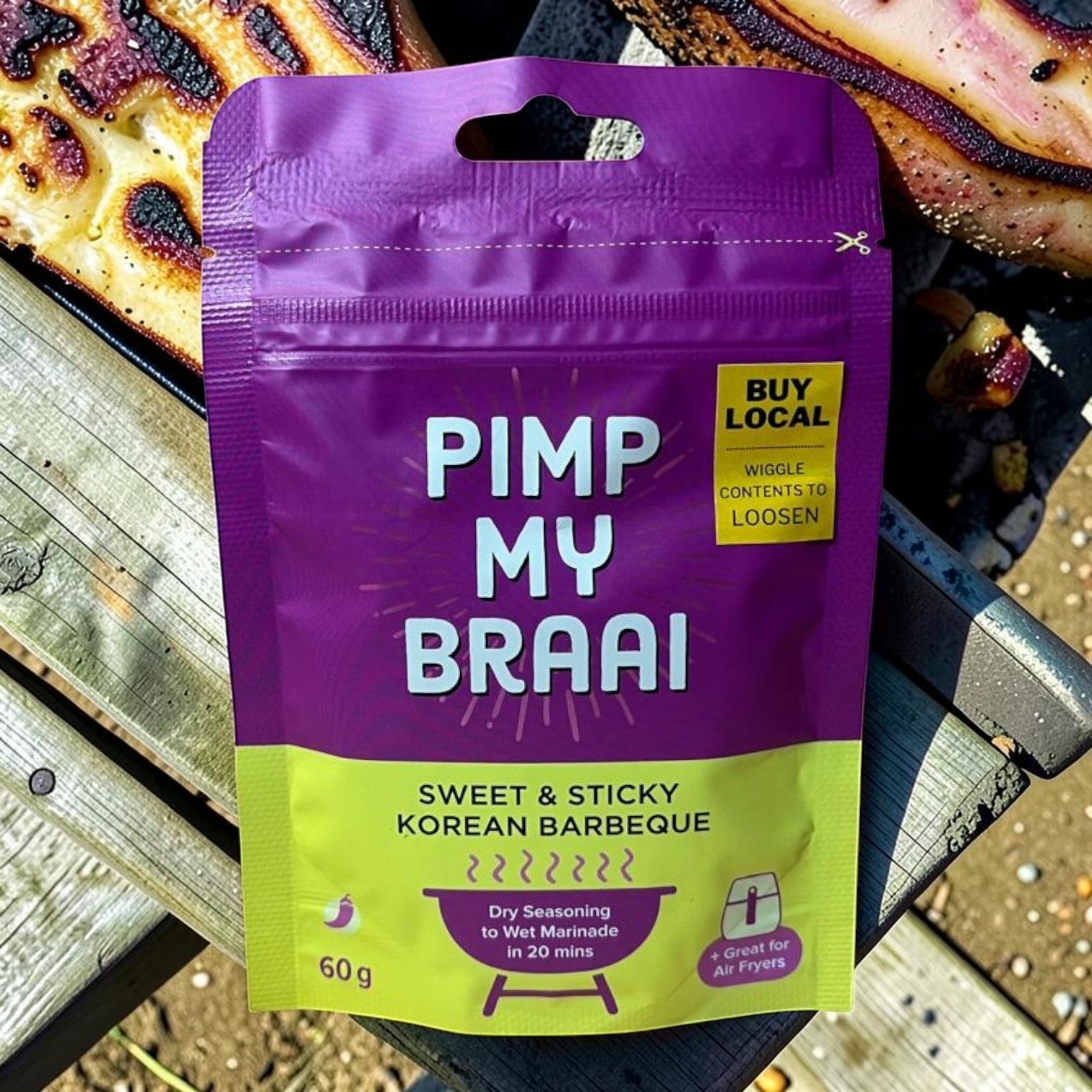 Die Spens Clarens Pimp My Braai Sweet & Sticky Korean Barbeque dry seasoning pouch. Great for marinades and air fryers.