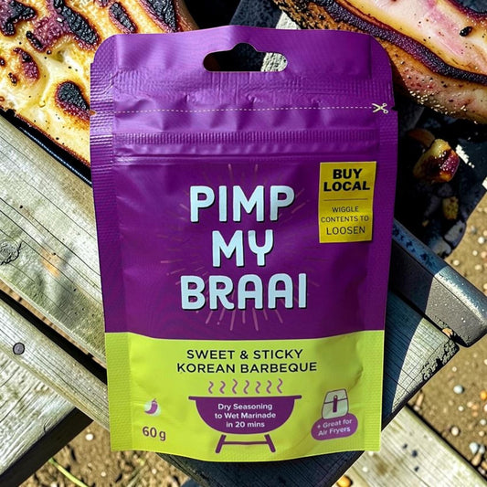 Die Spens Clarens Pimp My Braai Sweet & Sticky Korean Barbeque dry seasoning pouch. Great for marinades and air fryers.