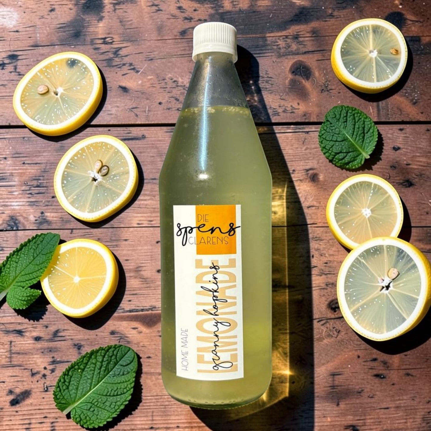 Die Spens Clarens Granny Hopkins Lemonade bottle surrounded by fresh lemon slices and mint leaves on a wooden surface.
