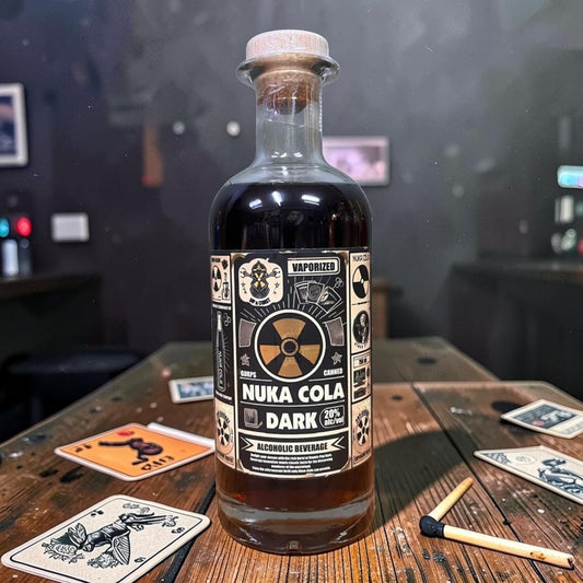 Die Spens Clarens Nuka-Cola Dark alcoholic beverage in a glass bottle with cork, 20% ABV, Fallout themed.