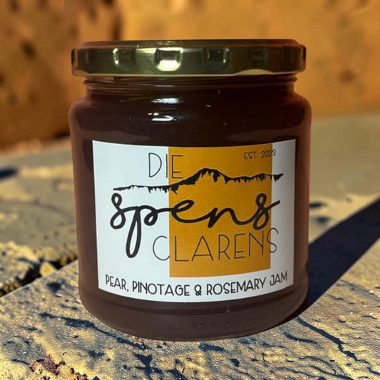 Die Spens Clarens Pear, Pinotage & Rosemary Jam in a glass jar with a gold lid. Unique flavour combination.