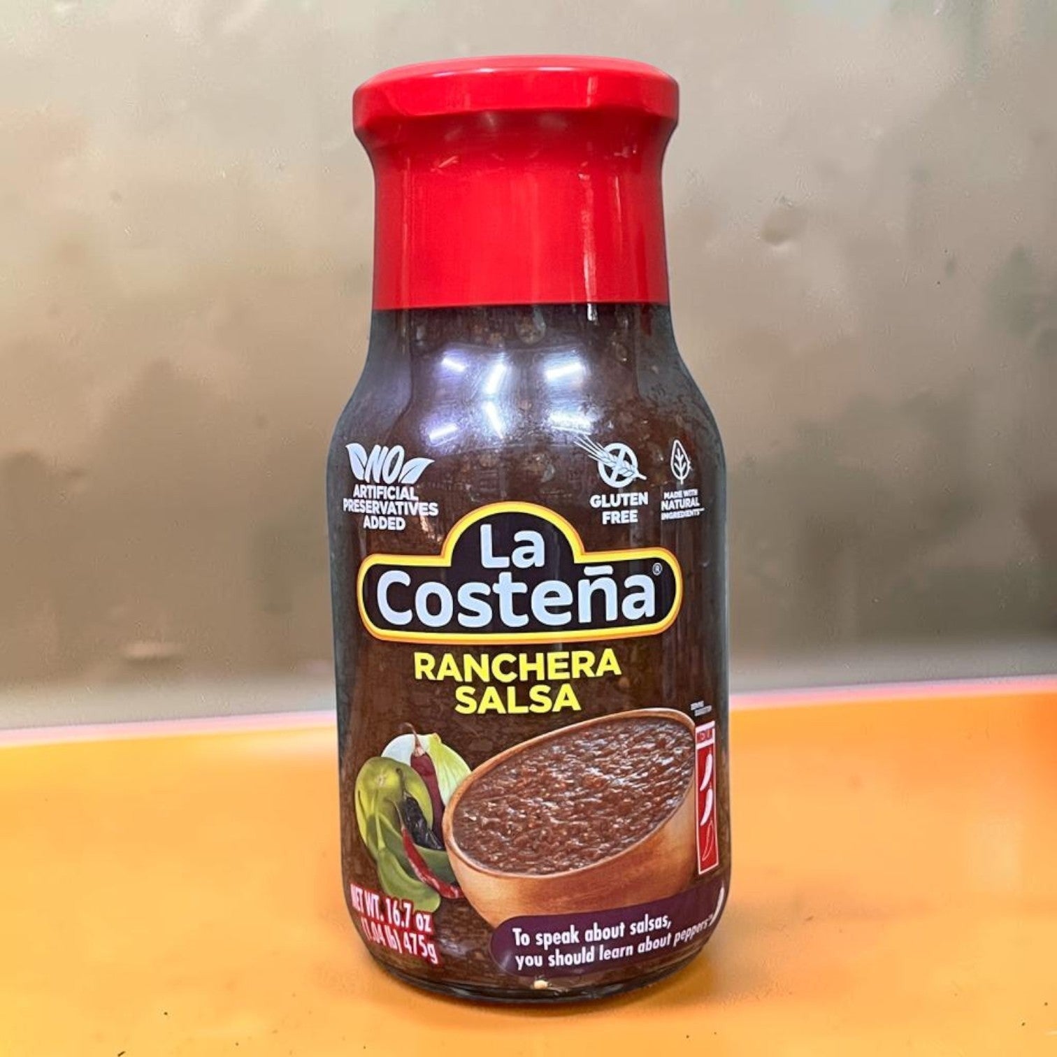 Die Spens Clarens La Costeña Ranchera Salsa bottle with red cap, gluten-free and no artificial preservatives.