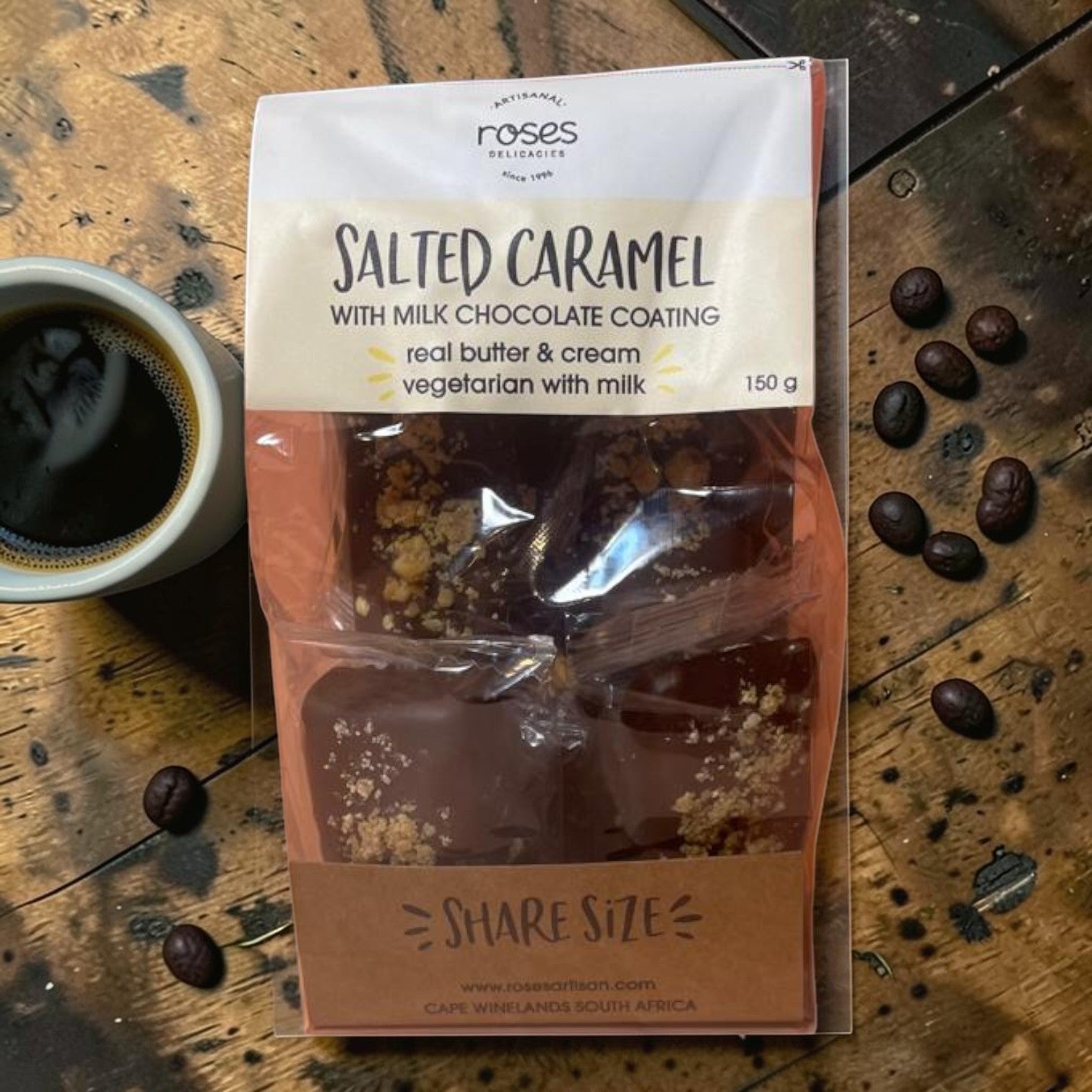 Die Spens Clarens Roses Artisanal Salted Caramel Milk Chocolate bars with crunchy caramel pieces. Vegetarian.