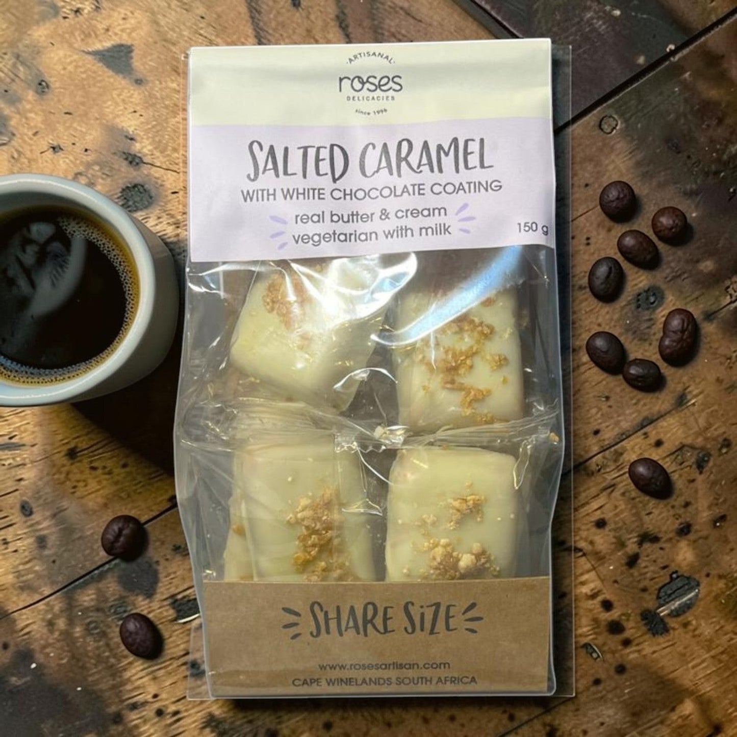 Die Spens Clarens Roses Artisanal Salted Caramel white chocolate bars with crunchy topping, vegetarian.