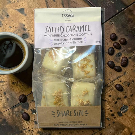 Die Spens Clarens Roses Artisanal Salted Caramel white chocolate bars with crunchy topping, vegetarian.