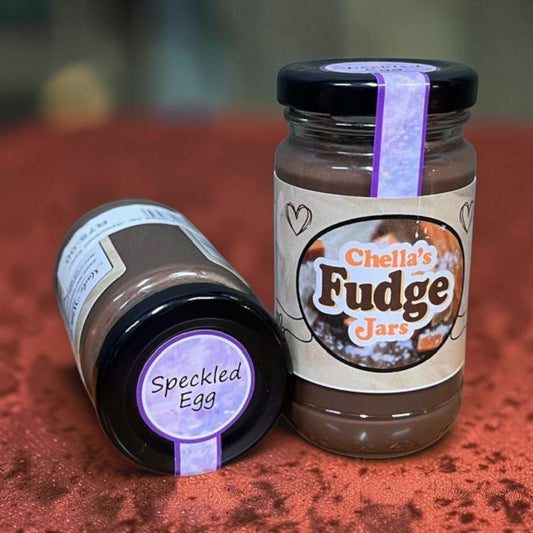 Die Spens Clarens Chella's Fudge Jars in Speckled Egg flavor, featuring creamy chocolate fudge in a glass jar.