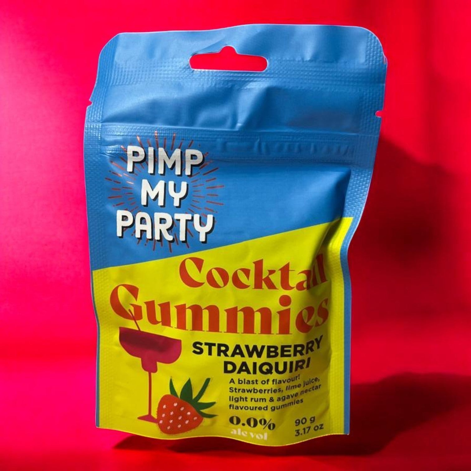Die Spens Clarens Pimp My Party Strawberry Daiquiri cocktail gummies pouch. Non-alcoholic gummies with strawberry, lime, rum, and agave nectar flavour.