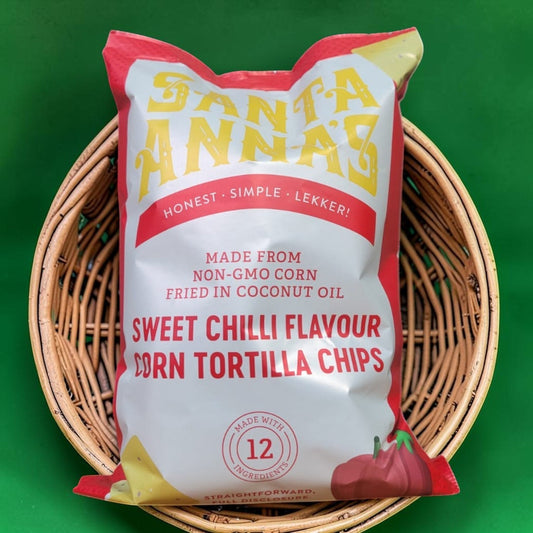 Die Spens Clarens Santa Annas Sweet Chilli Corn Tortilla Chips bag made with non-GMO corn and coconut oil.