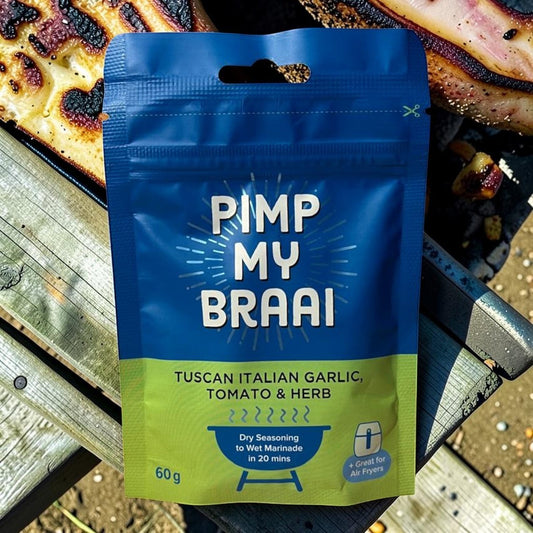 Die Spens Clarens Pimp My Braai Tuscan Italian Garlic, Tomato & Herb dry seasoning blend for marinades and grilling.