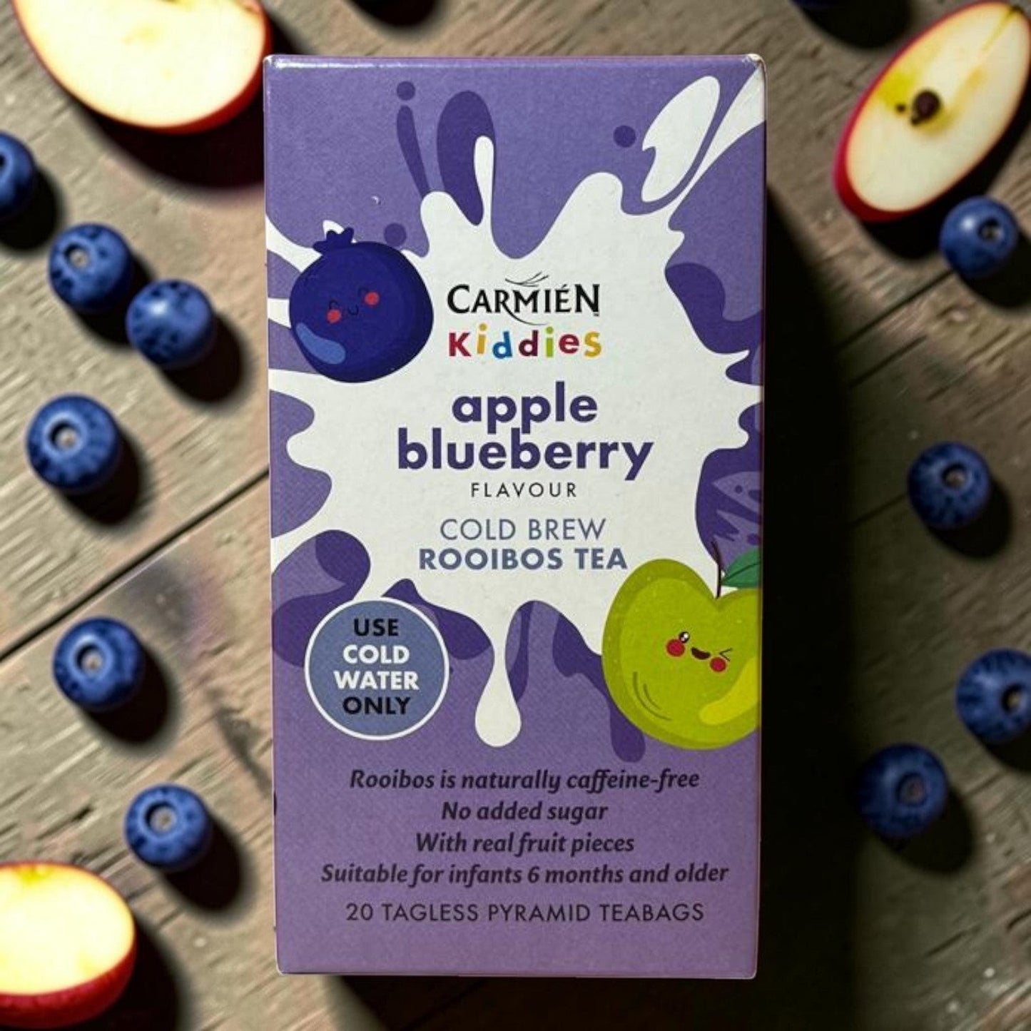 Die Spens Clarens Kiddies Apple Blueberry Cold Brew Rooibos Tea box with real fruit pieces, caffeine-free and no added sugar.
