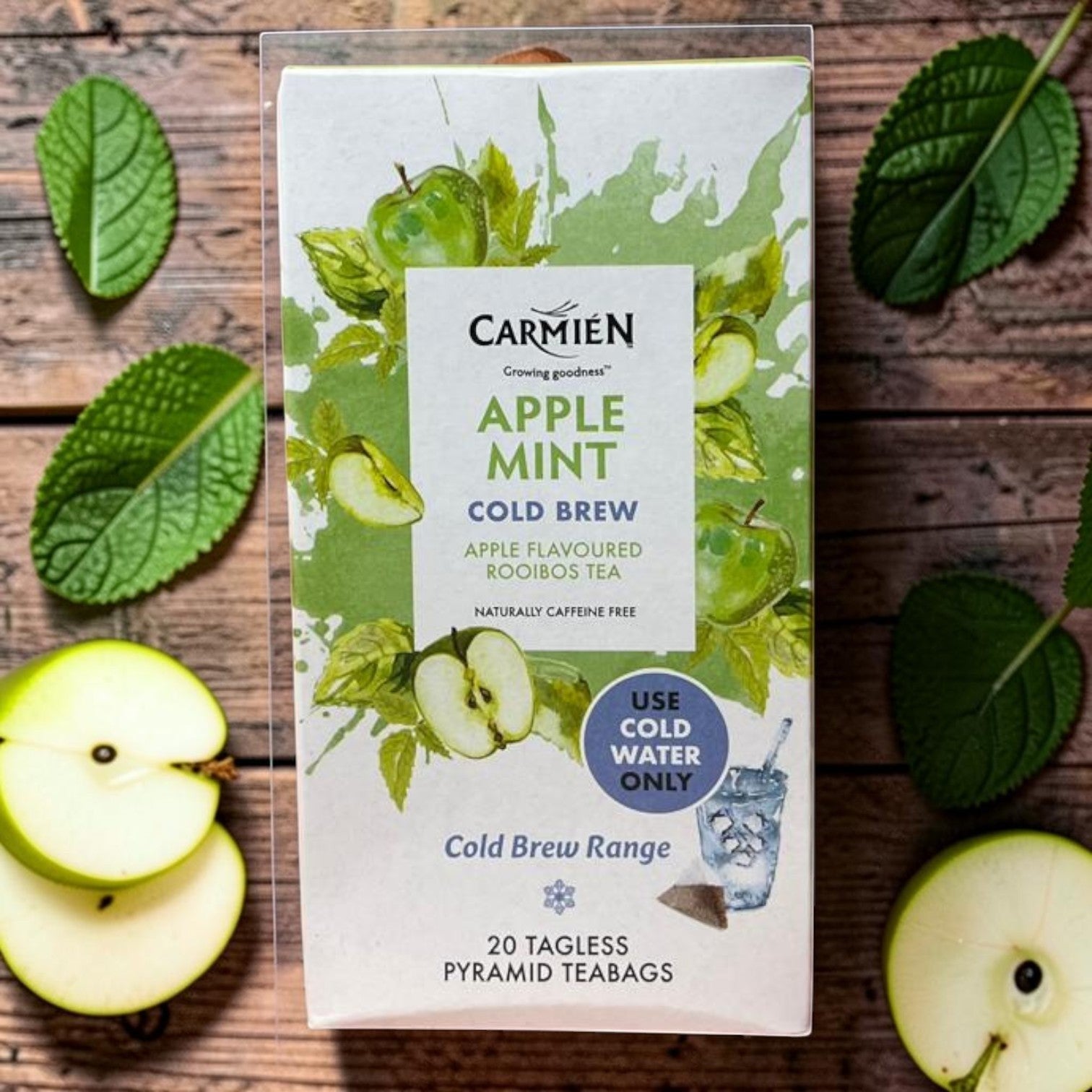 Die Spens Clarens Apple Mint Cold Brew Tea box with 20 tagless pyramid teabags, naturally caffeine-free apple flavoured rooibos tea.