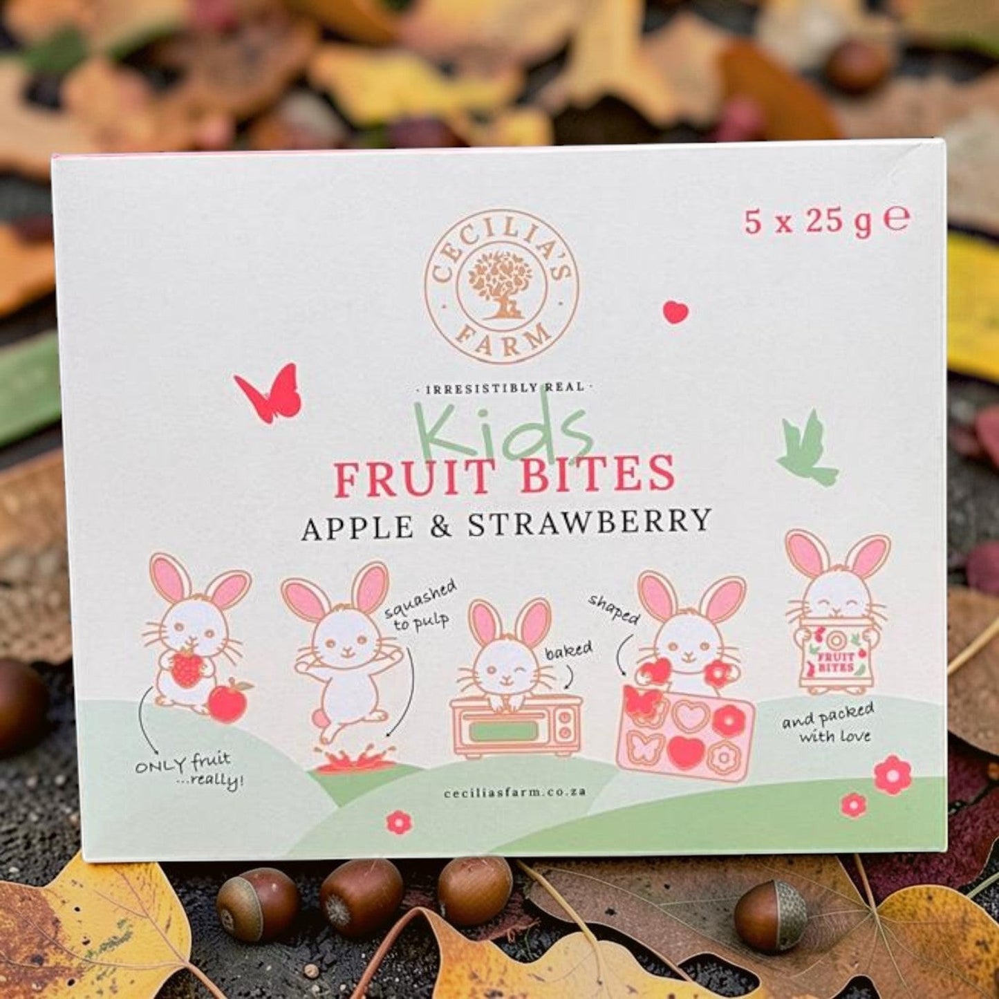 Die Spens Clarens Apple & Strawberry Kids Fruit Bites box, featuring cute bunny illustrations showing the fruit bite making process. 5 x 25g servings.