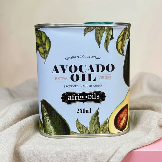 Die Spens Clarens Extra Virgin Avocado Oil can, featuring botanical illustrations of avocados and leaves. 250ml.